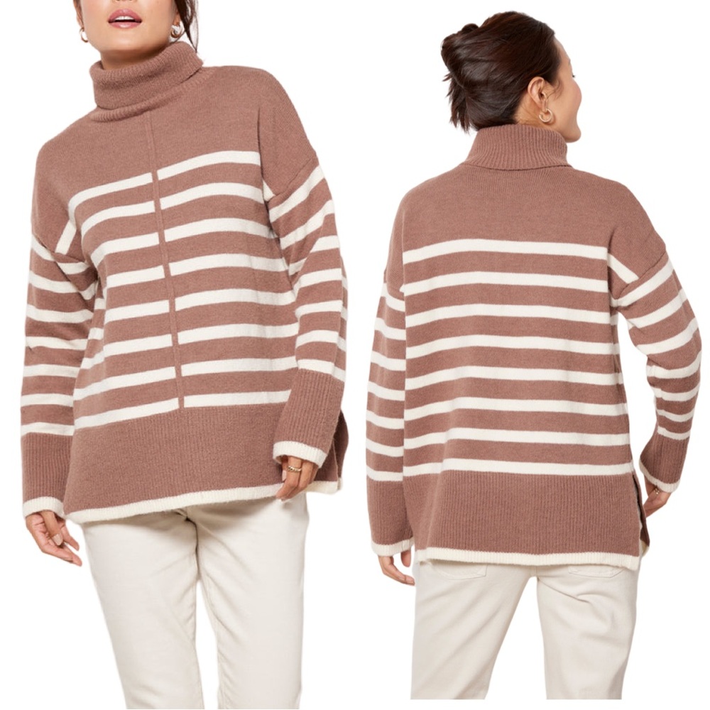 LINE and DOT TURTLENECK PULLOVER SWEATER KNIT STRIPE LONG SLEEVES WARM COZY FALL - Picture 1 of 7